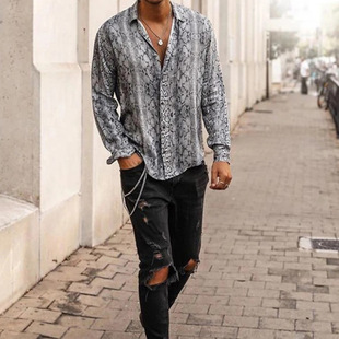 Cross-border EBAY men's shirt printed snake lapel long sleeve single row multi-button loose and comfortable leisure vacation top