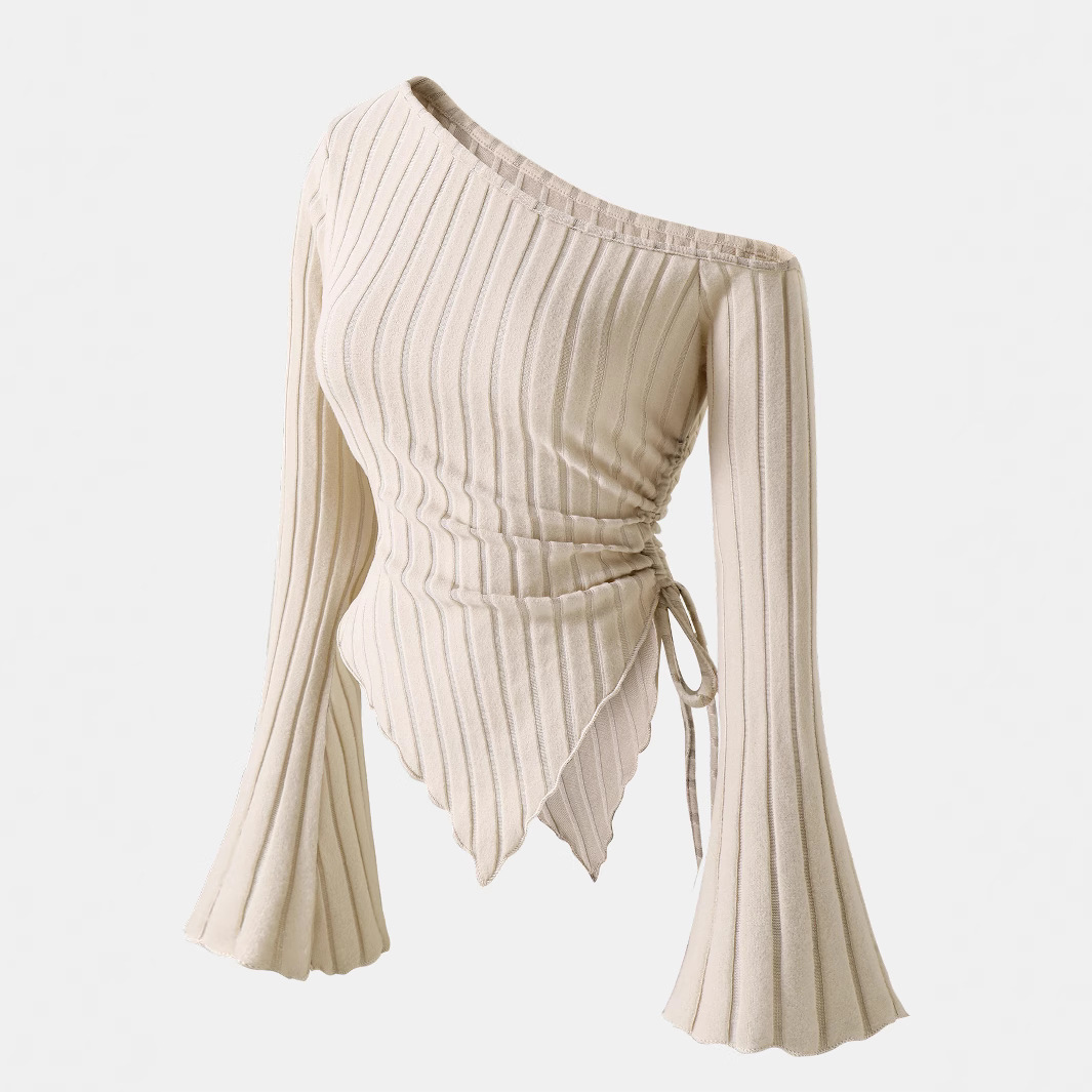 2024 Elegant Special Edition Apricot-colored T-shirt with Asymmetrical Hem, Flared Sleeves, Off-Shoulder Design, Halloween Comfortable T-shirt