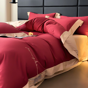Light luxury high-end 100s Australian cotton long-staple cotton four-piece set wedding red cotton bed sheet pure cotton embroidered quilt cover bedding