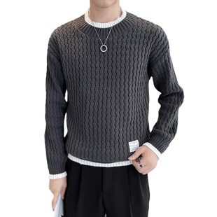 Wave pattern sweater men's autumn and winter fashion brand sweater clothes fake two-piece sweater inner loose half turtleneck sweater