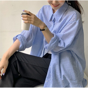 Lazy Gentle Girl's South Korea Niche Shirt Women's Spring and Summer Wear Sauersucker Textured Plaid Mid-length Sun-protective Clothing