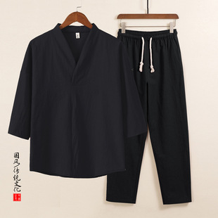 2025 Summer New Chinese Style Cotton Linen Linen suit Men's Retro Trendy V-neck Seven-point Sleeve Two-piece Set for Men