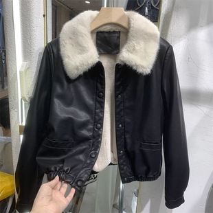 fleece-lined Leather Coat Thickened Jacket 2024 Autumn and Winter Fashion New Small Fur Collar Short Top