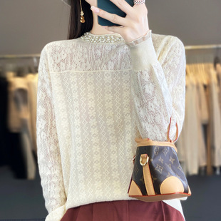 Thin Worsted Wool Women's Half-turtleneck Hollow Crochet Long-sleeved Sweater 2024 New Lace Beaded Top
