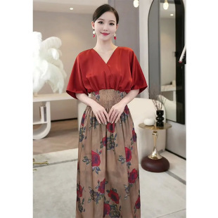 Skirt for Women 2025 New Spring and Summer Pear-Shaped Figure Slightly Fat Dignified Fake Two-Piece V Neck Dress High-End