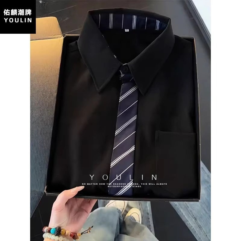 Black Fake Tie Patchwork Long-Sleeve Shirt for Men and Women, Spring American College Style Layered Couple's Dk Shirt Jacket