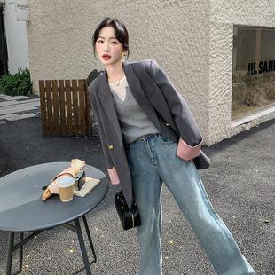 Real Shot Grey Fashion Stitching Contrast Color Suit Jacket Women's Spring 2025 New Casual Loose High-end Suit