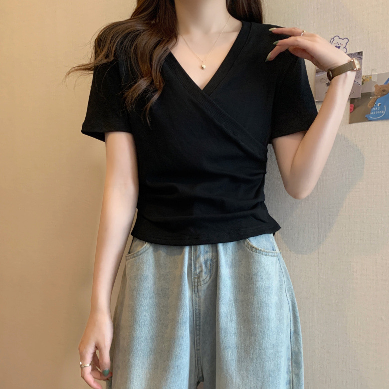 화이트 크로스 브이넥 반팔 티셔츠 여름 신작 한국 디자인 플리츠 반팔 티셔츠 시크 솔리드 컬러 탑