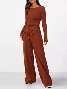 2024 Amazon Autumn Casual suit Asymmetric Long Sleeve T-Shirt Wide Leg Pants Casual Sportswear