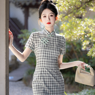 Spring and Summer 2025 Short Plaid Single Layer Fresh Girly Elegant Chinese Style Retro Cheongsam