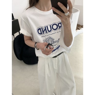Blue Dog Print 2025 Spring New Women's White Round Neck Short-sleeved Letter T-shirt Women's Loose Casual Top
