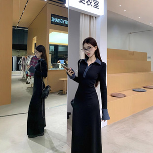 Black Spliced ​​Polo Collar Knitted Dress for Women in Autumn and Winter Long-Sleeved Waist Skirt Retro Elegant A-Line Long Skirt