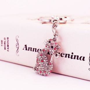 Jewelry Cute Crystal Kitten Animal Alloy Keychain Accessories Key Chain for Girlfriend Bag Buckle Bag Pendant 1336