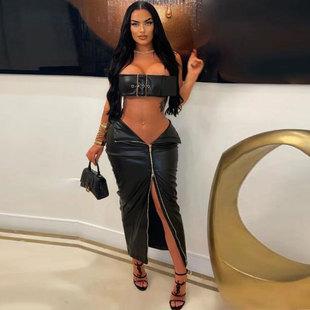 Factory Direct delivery foreign trade women's clothing fashion zipper stitching sexy short tube top sheath skirt suit women