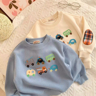 Autumn Japanese New Sweat Children's Car Embroidery Western Style Fashionable Cute Baby Pullover Long Sleeve Top