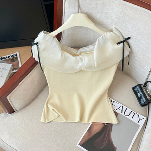 Real Shot Pure Desire Style Knitted Sleeveless Shirt Women's Summer New Style Slimming Western Style Lace Short Sleeve