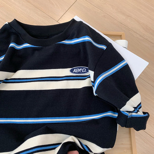 Men's Children's Wear Autumn Children's Striped Contrast Color Fashionable T-shirt Long-sleeved Loose Casual T-shirt All-match Handsome Trendy Top