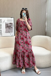 2025 New Summer Clothes for Fat mm Plus Size Women's Cotton Silk Dress Printed Long Holiday Style Artificial Cotton Loose Skirt