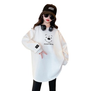 Korean style girls' fleece-lined bottoming shirt mid-length autumn and winter outer wear children's thickened one-piece velvet sweater loose girls' White