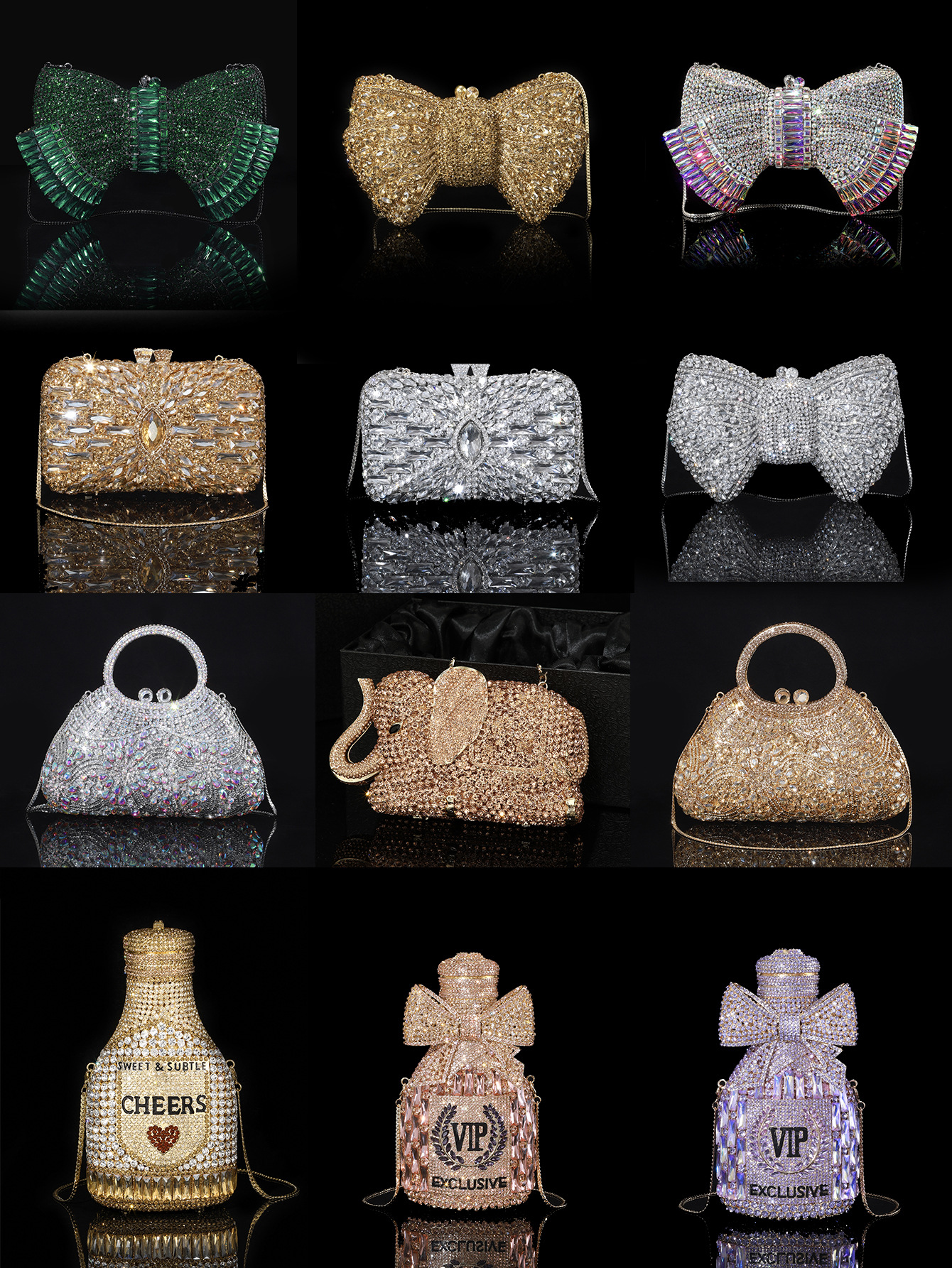 High-end luxury heavy-duty sparkling champagne bottle rhinestone bow crystal chain alloy elegant evening clutch