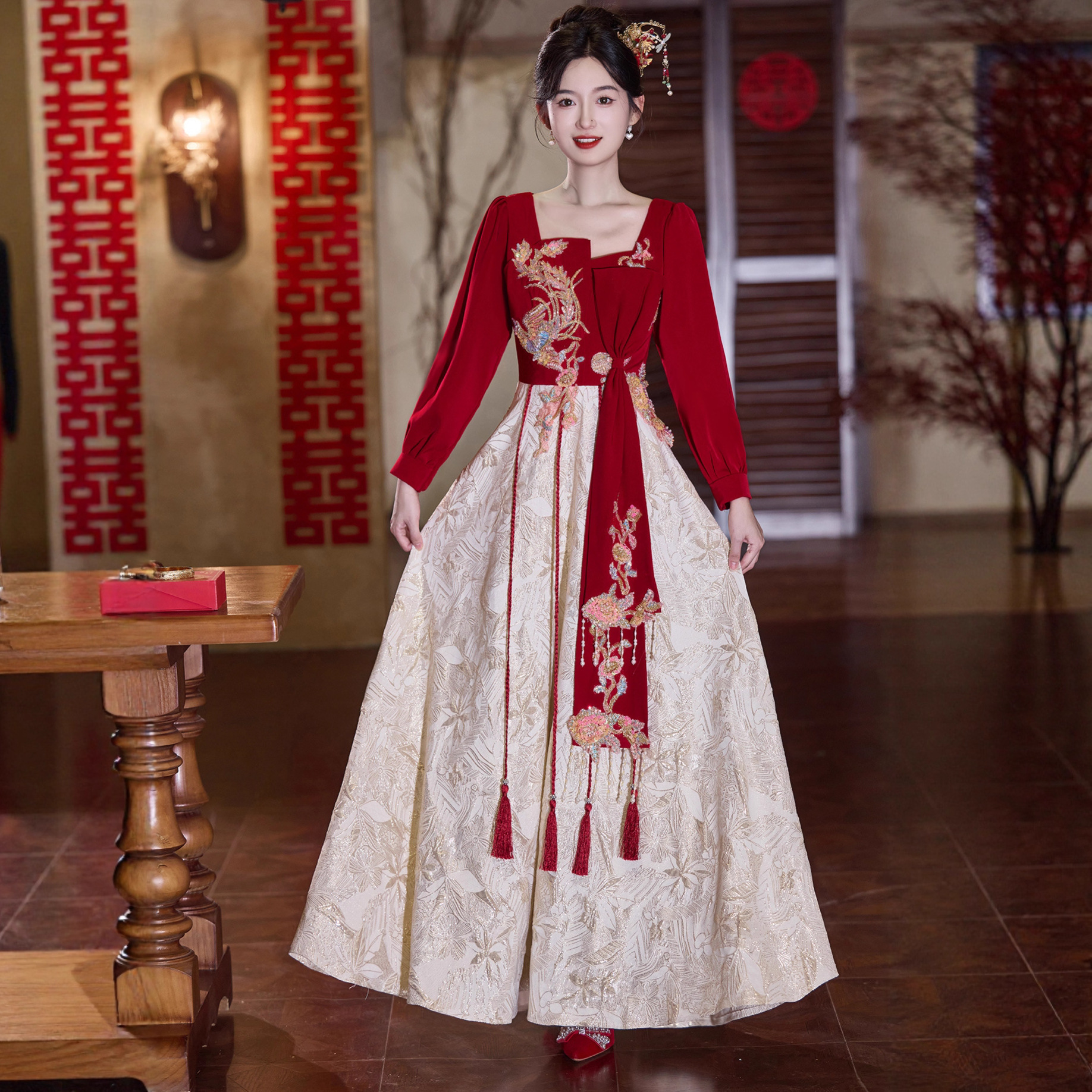 Red Toast Dress for the Bride 2026 New Engagement Dress Dignified and Elegant Wedding Day Casual Long-Sleeved Dress