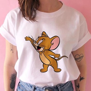 Fashion Summer Cartoon Cat and Mouse Print Funny Men's and Women's Crewneck T-Shirt White All-match INS