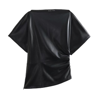 European and American Style Women's Clothing 2024 New American Trendyy Fashion Pleated Decorative Slim Fit Versatile Dropped Shoulder Sleeve Leather Top