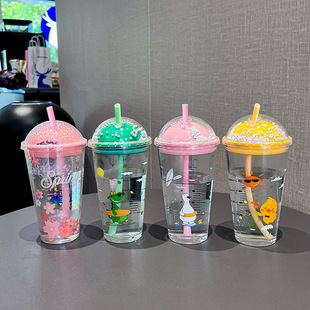 New Style Water Cup Students Korean Style Suction Pipe Cup Internet Popular Ins Children's Glass Water Cup Large Capacity Casual Glass Water Cup