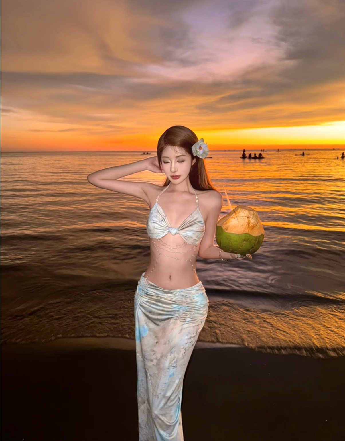 Mufan Island Vacation Style Sexy Suspender Split Bikini Women's Design Tie-Dye Pleated Figure-Showing Swimsuit
