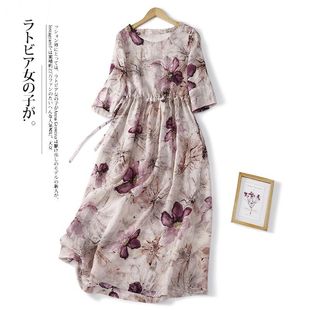 Summer Thin Ramie Printed Short-sleeved dress Women's Loose Slimming Western Style Age-reducing Linen Skirt