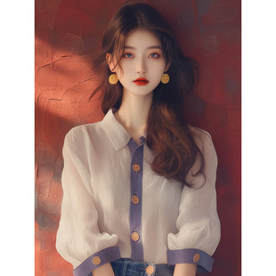 This year's popular beautiful small shirt French niche design warm soft style Korean style age-reducing apricot stitching chiffon shirt