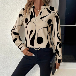 2024 Amazon Europe and America Cross-border wish Foreign Trade Women's Printed V-Neck Shirt Casual Long Sleeve Loose Shirt