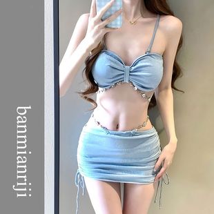 Женский купальник bikini2024, новый онлайн-знаменитость, в том же стиле, сексуальное чистое желание, чем стиль Kini из трех частей со стразами, горячая весна