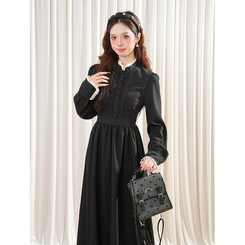Commuting Witch Autumn/Winter New Gothic Design Ladylike Court Style Long Sleeve Waist-Cinching Slimming Mid-Length Dress
