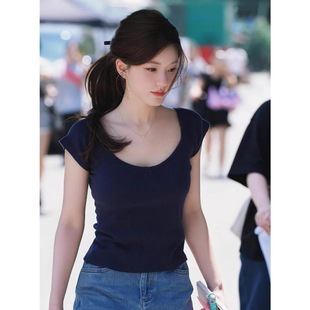 Xu I Dazzle Zhao Lusi Xu Yan Same Style Clothes navy blue V-Neck T-Shirt Women's Short Sleeve Short Bm Top Women's Summer