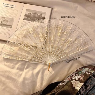 New Folding Fan New Chinese Style Lace Rose Fan Women's Summer Folding Fan Dancing Antique Folding National Style Horse Face Dress