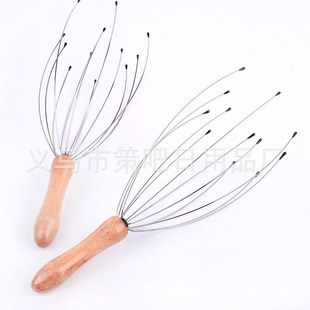 Wooden handle 12 scalp grasping massager octopus soul extractor stainless steel wire wooden handle head massage claw