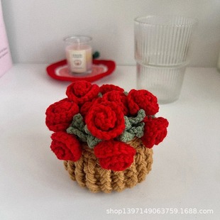 Handmade DIY Woven Rose Bouquet Blanket Coaster Material Wool Hook Knitted Potted Finished Products for Girlfriend