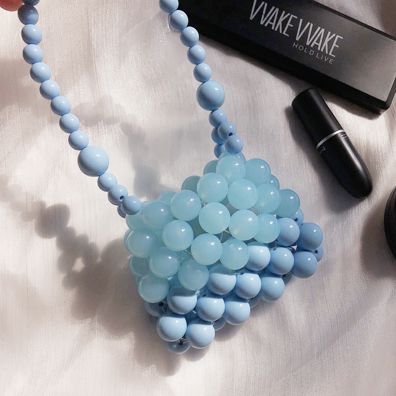 Finished Fresh Blue Color Block Beaded Handbag for Women, Summer