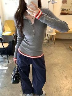 Contrast Color Stitching Polo Collar Long-Sleeved Knitwear for Women in Spring Slimming Look Pure Lust Sexy Inner Layering Shirt Top