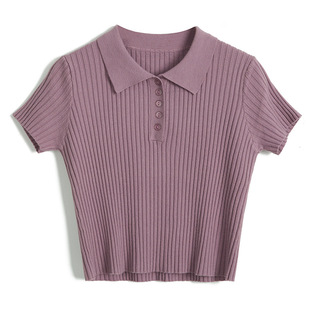 Excellent wool, exposed navel "small waist essence", polo collar high waist knitted short sleeve women's slim fit short jacket spring