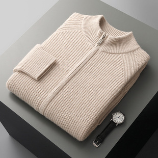 High-end solid color cashmere sweater men's half turtleneck zipper cardigan YKK thickened coat middle-aged casual sweater
