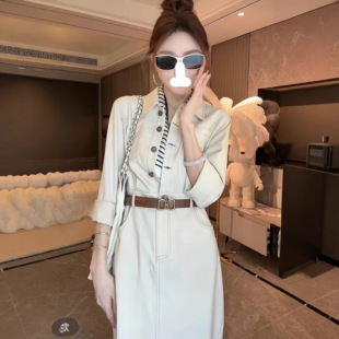 Linlin New French Style Retro Long-sleeved dress Women's Lazy Style Elegant Tight Waist Workwear Long Skirt
