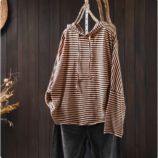Hooded Cotton Striped T-shirt Women's Long-sleeved Loose plus size 2025 Spring New Casual All-match Lazy Style Top