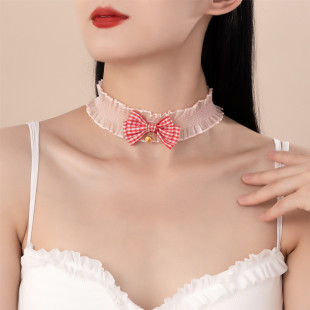 New Pure Lust Style Lace Red Plaid Bow Small Bell Pendant Collar choker Maid Neck Strap Necklace