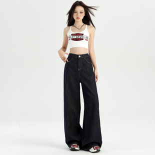 dark blue American Wide Leg Jeans Women's 2024 Autumn New High Waist Slimming Small Straight Trendy Trendy Pants