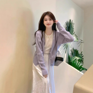 Purple Hollow Sweater Thin Coat Women's 2025 Spring and Autumn Gentle Cardigan Elegant Mahair Knitwear Top