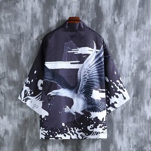 Summer Coat Men's Japanese Style Bf Thin Crane Kimono Cardigan Loose Casual Shirt Seven-Sleeve Beach Sun Protection
