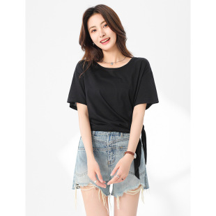 Rongtai light oxygen silk strap linen T-shirt women's simple side split design loose slim short sleeve top