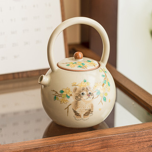 Ru Kiln милый кот идеальный горшок с подъемным лучом чайный сервиз костюм для домашнего приготовления чая небольшой чайник один горшок с крышкой керамический открытый кусок можно поднять